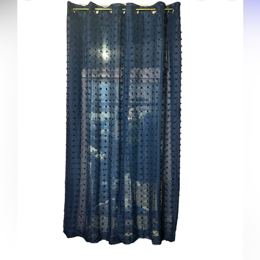 2 Better Homes & Gardens Navy Blue Curtain Panels with metal rings and texture
